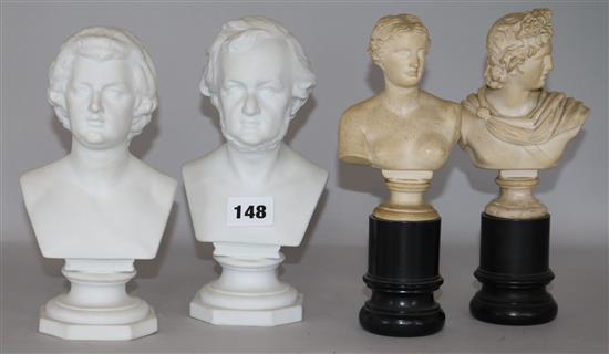 A pair of 19th century plaster busts after the Antique and two biscuit porcelain busts tallest 21cm (excl. stands)